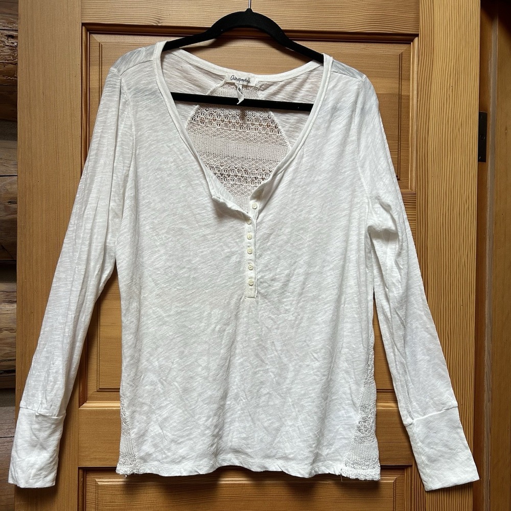Y2K Aeropostale White Henley Sheer Crochet Shirt Top Boho Cowgirl Cottage Fairy